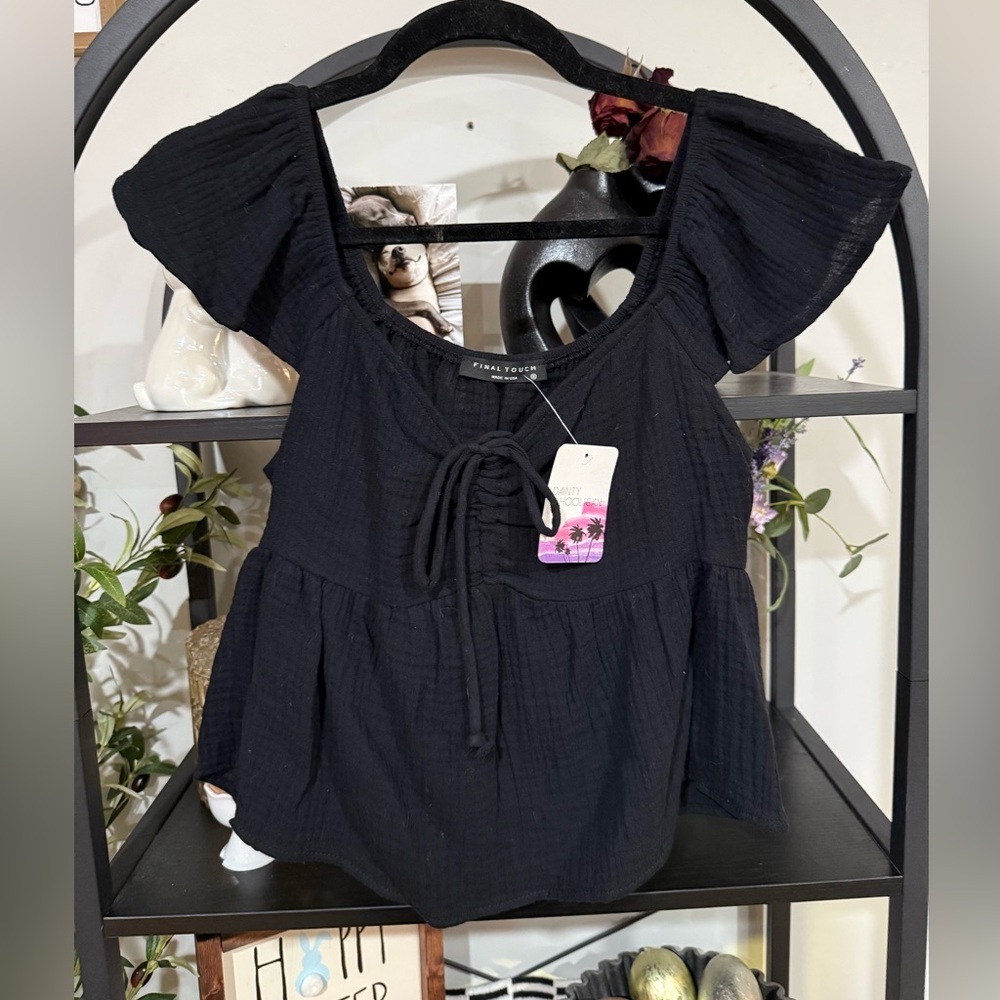 Final Touch Black Puff Sleeve Tie Front Blouse size small
